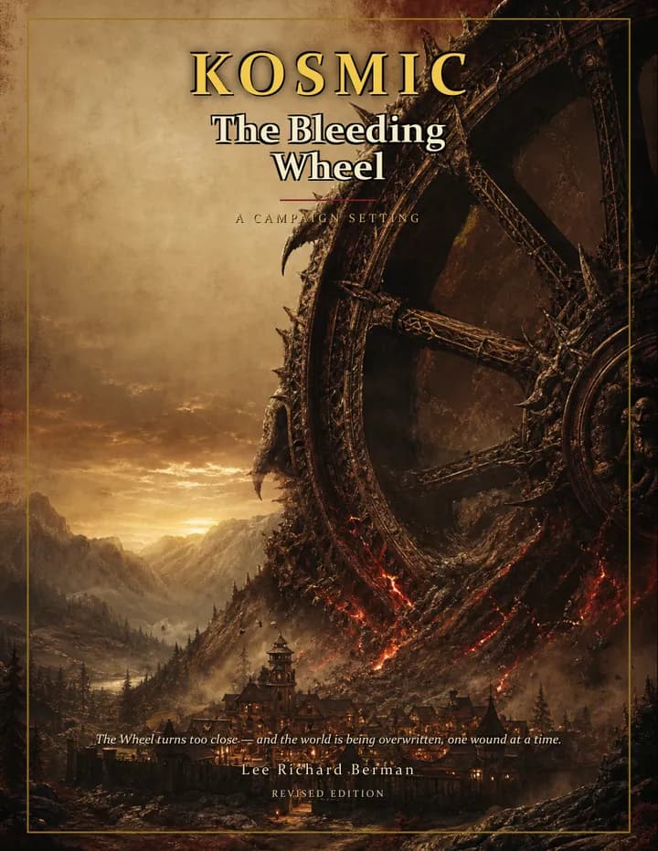 Cover of Kosmic: The Bleeding Wheel — a vast spiked wheel grinding into a mountain valley above a lit frontier town