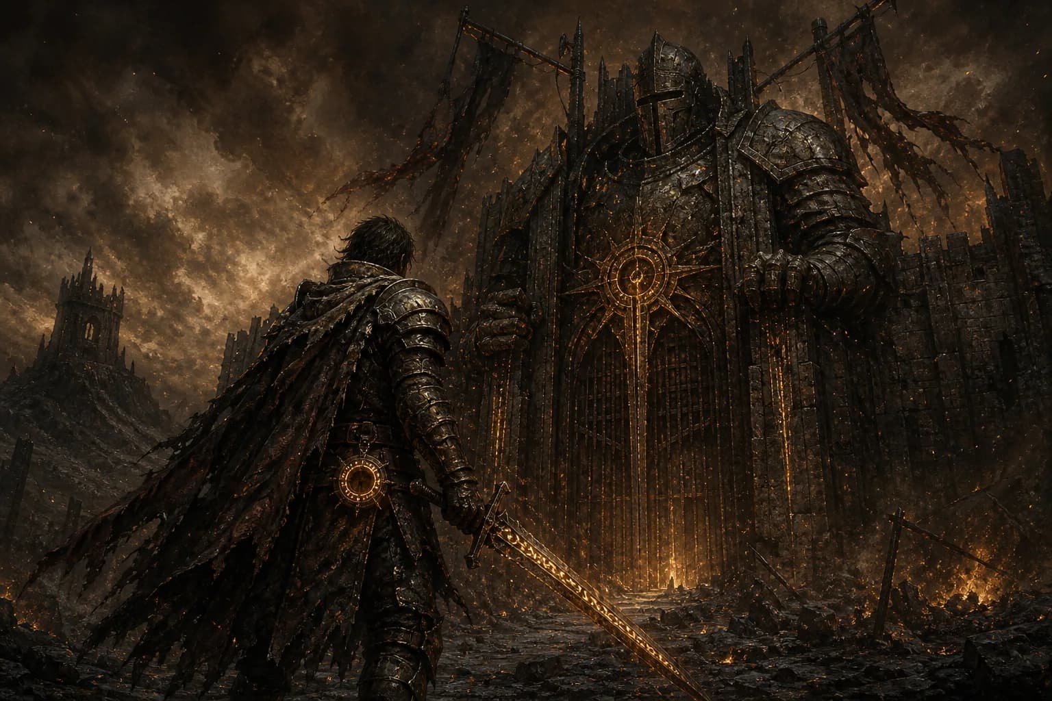 An oathbound warrior on the Ashen March, facing the Gatewarden