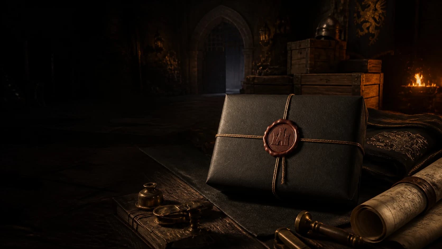A sealed Dungeon parcel prepared for dispatch in a torch-lit guild workshop