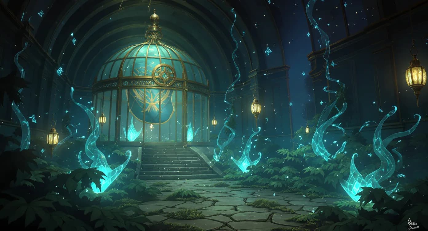 A glowing biology grove with enormous plants, specimens, and observation tables