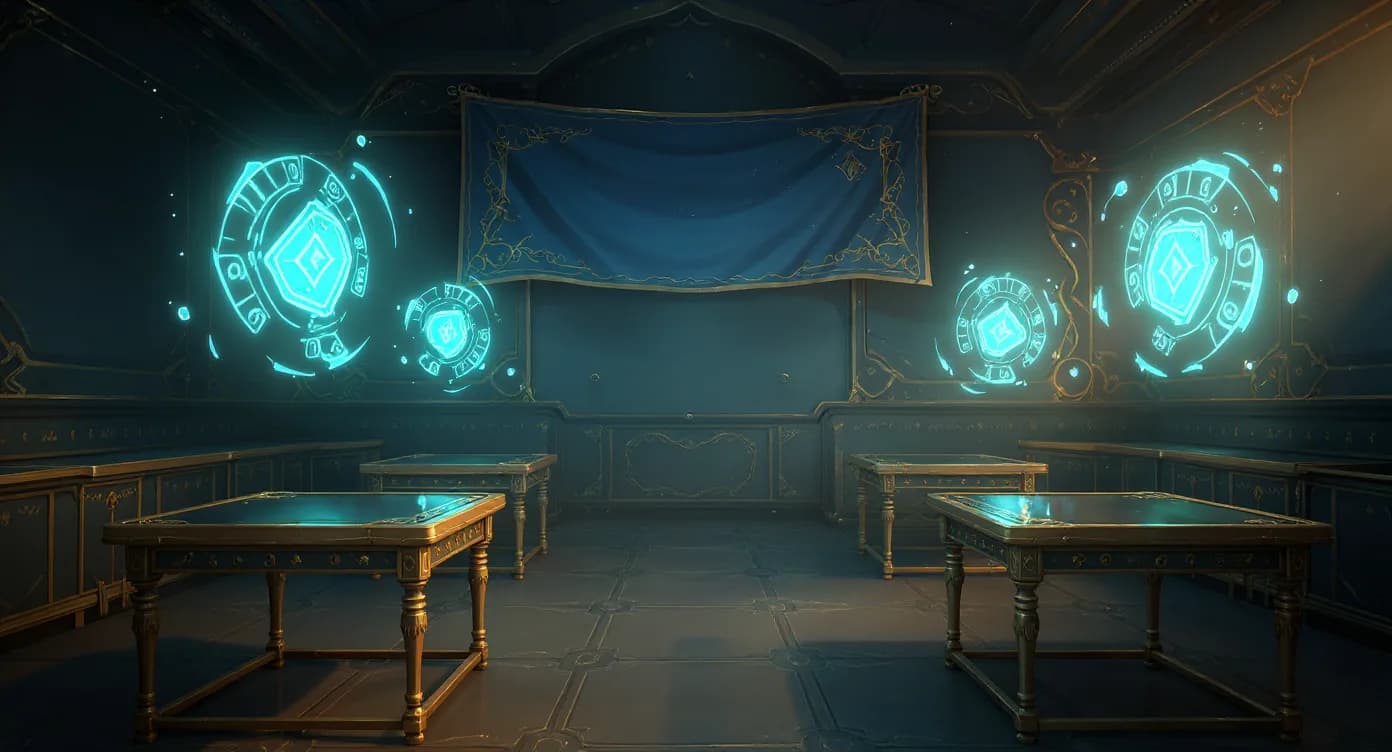 A fantasy game design lab with level maps, glowing interfaces, and playtesting tables