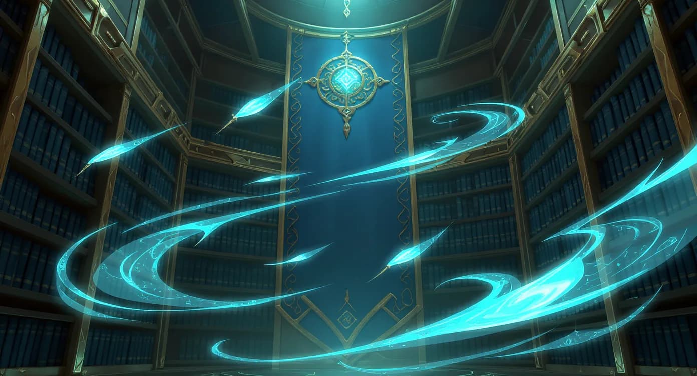 A magical writing tower library filled with luminous pages and flowing ink