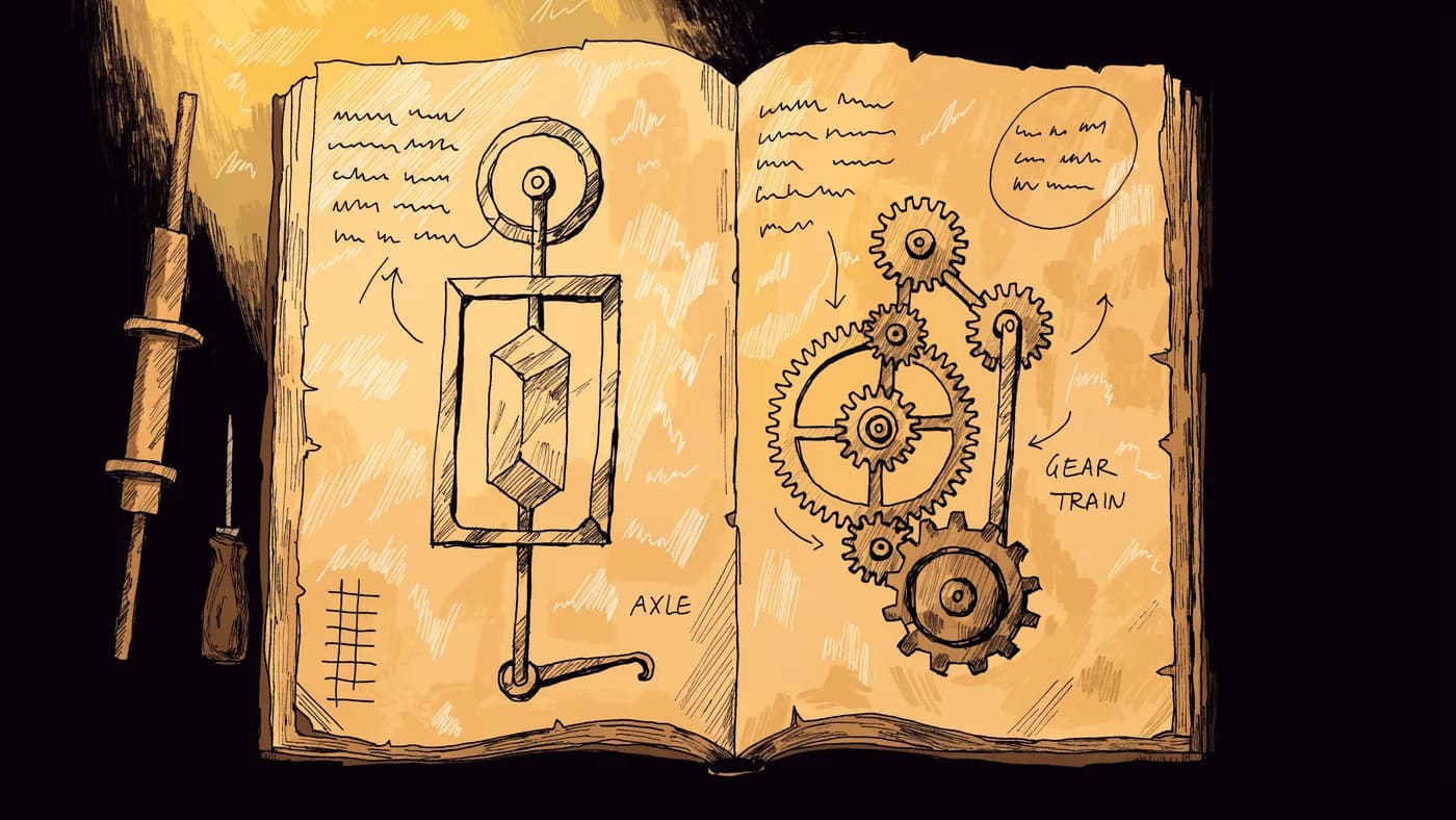 An open repair logbook showing a crystal lift mechanism with its axle and gear train labelled, tally marks recording test attempts, and one part redrawn larger in the margin