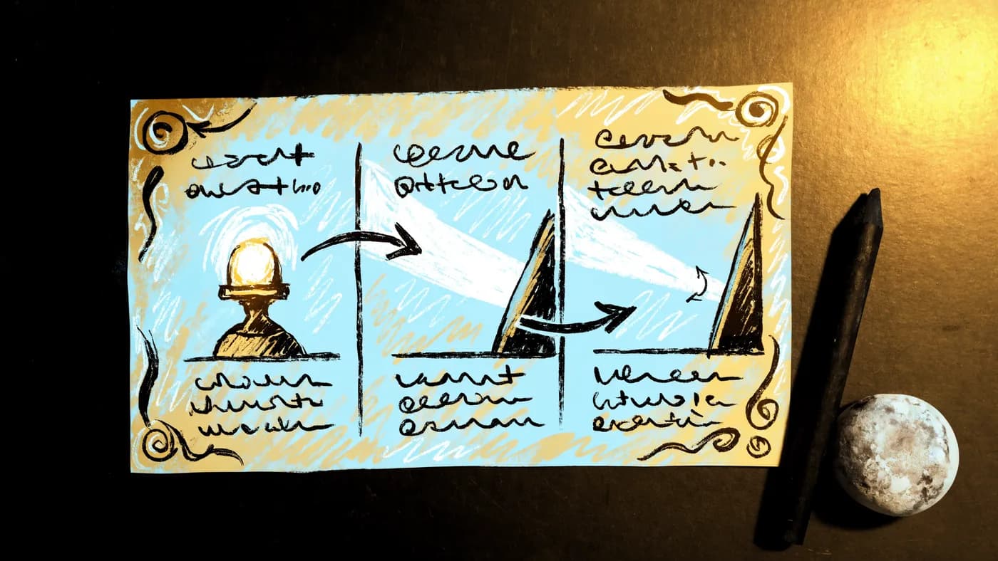A three-panel storyboard strip tracing a beacon's light onto an angled mirror and away again, with drawn arrows marking the light's direction