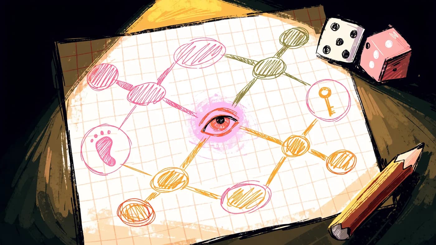 A branching encounter flowchart on graph paper with an oracle eye at the decision node and small clue icons circled beside two of the branches