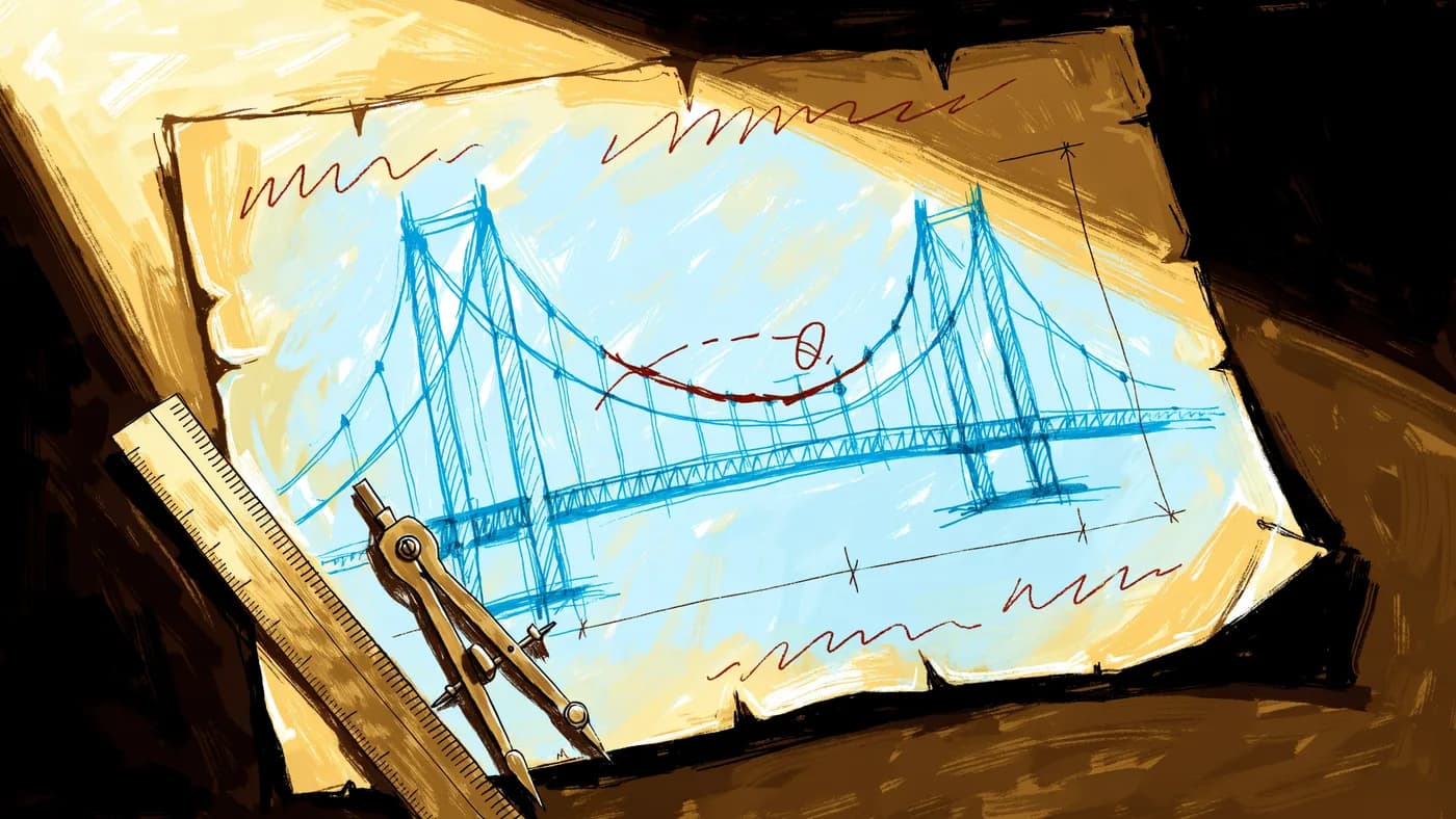 A hand-drawn suspension-bridge blueprint on parchment with dimension lines and one load path redrawn as a correction, a brass ruler and compass beside it