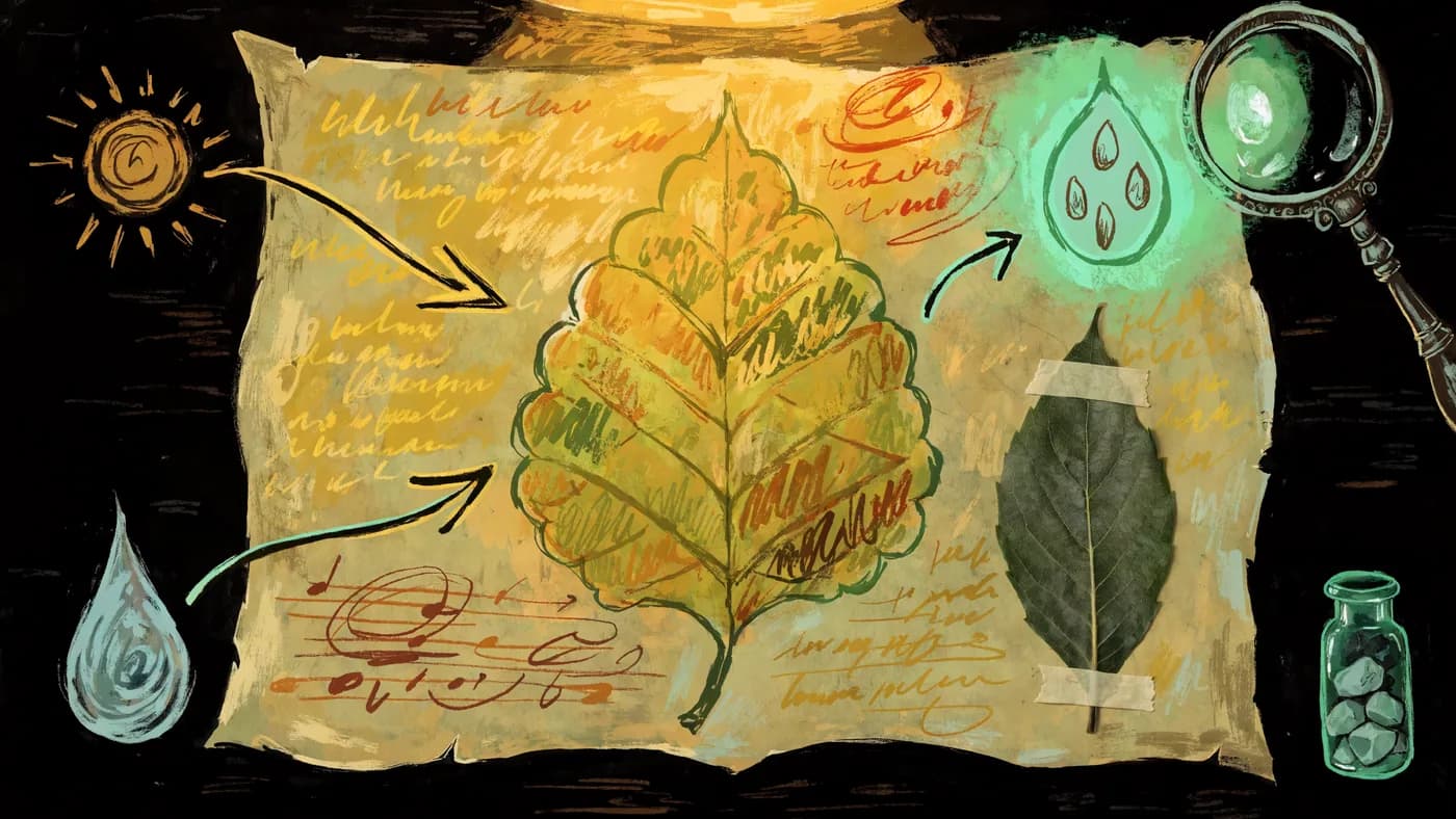 A field-notes page with a drawn leaf at its centre, arrows flowing in from a sun and a water droplet and out to a glowing seed pod, a pressed leaf specimen taped beside it