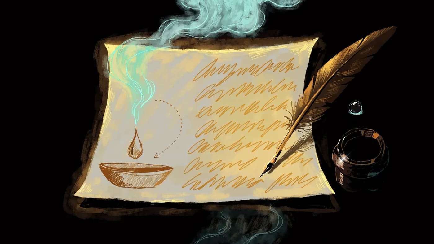 A handwritten letter with a margin diagram following a water droplet from a warm basin up into a cloud, a quill and inkpot resting beside the page