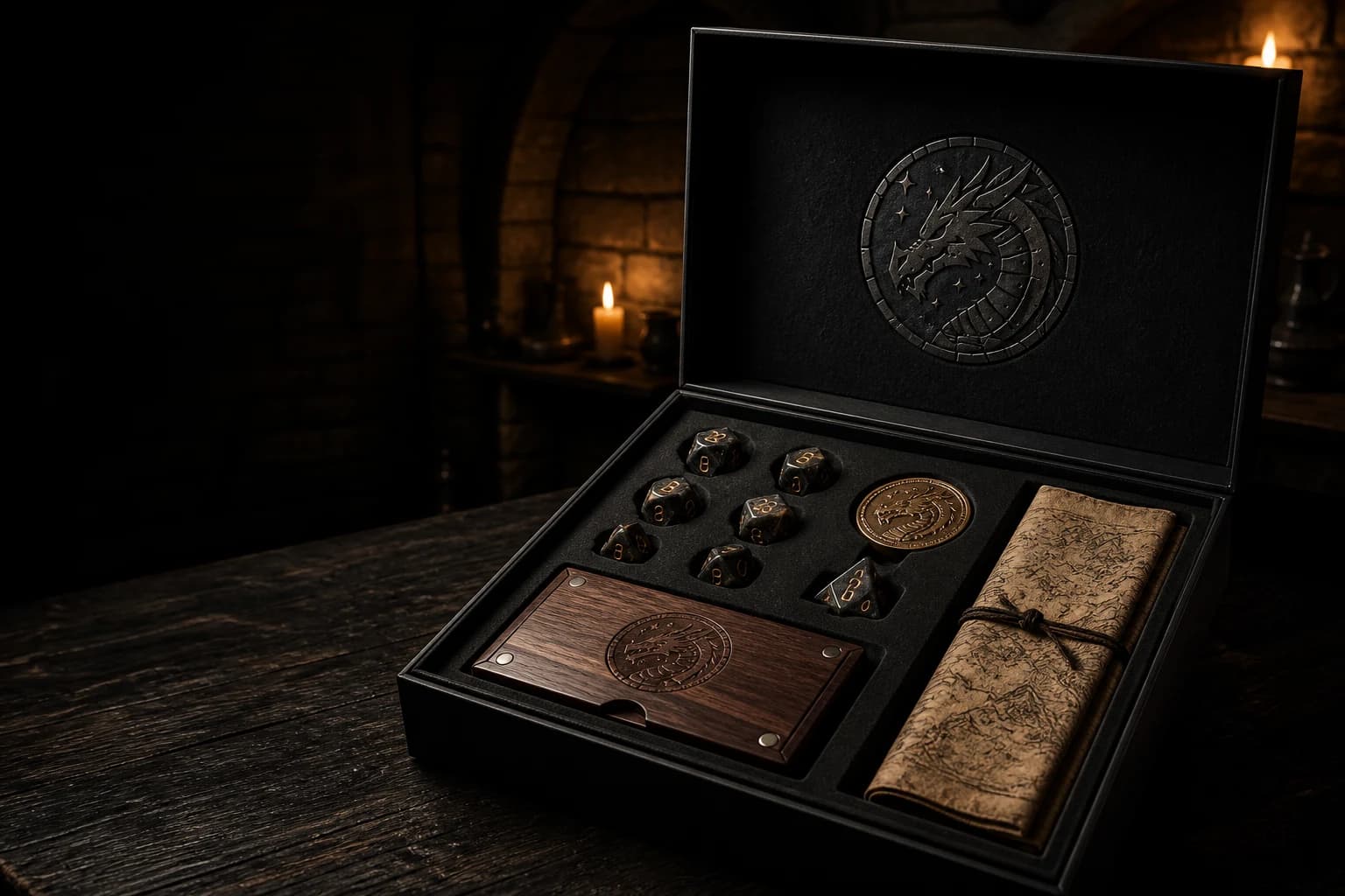 Concept render of the Dungeon Founder’s Kit with seven black-and-gold dice, a metal dragon coin, walnut dice vault, and folded campaign map in a black presentation box