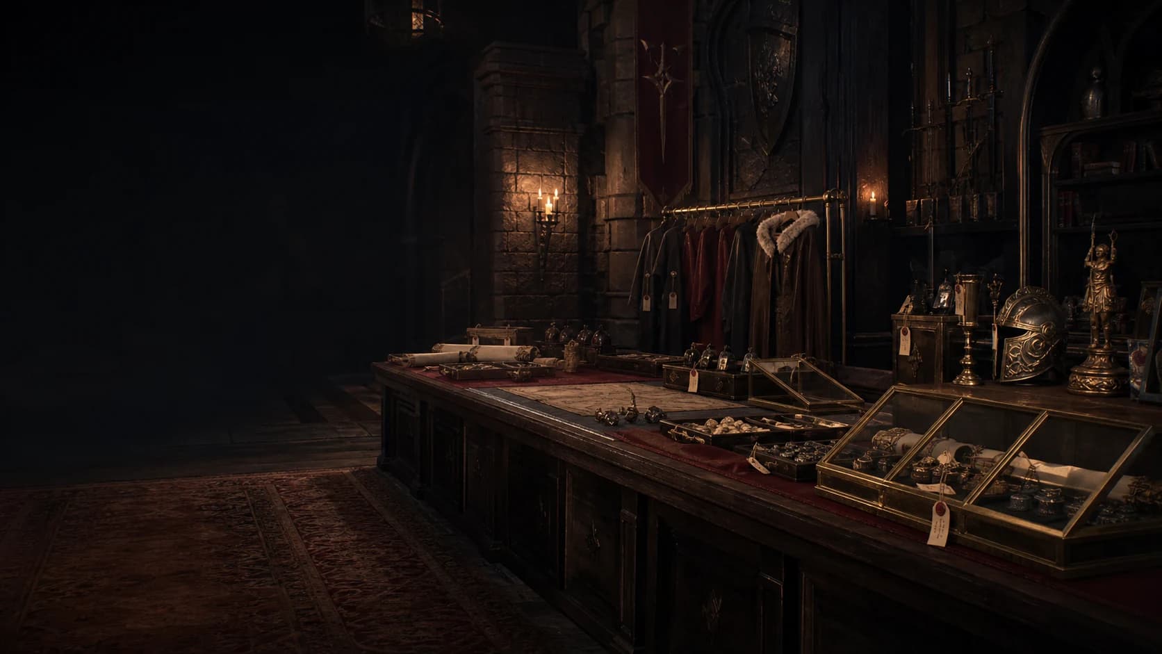 A torch-lit guild quartermaster hall displaying apparel, campaign maps, dice trays, and relics