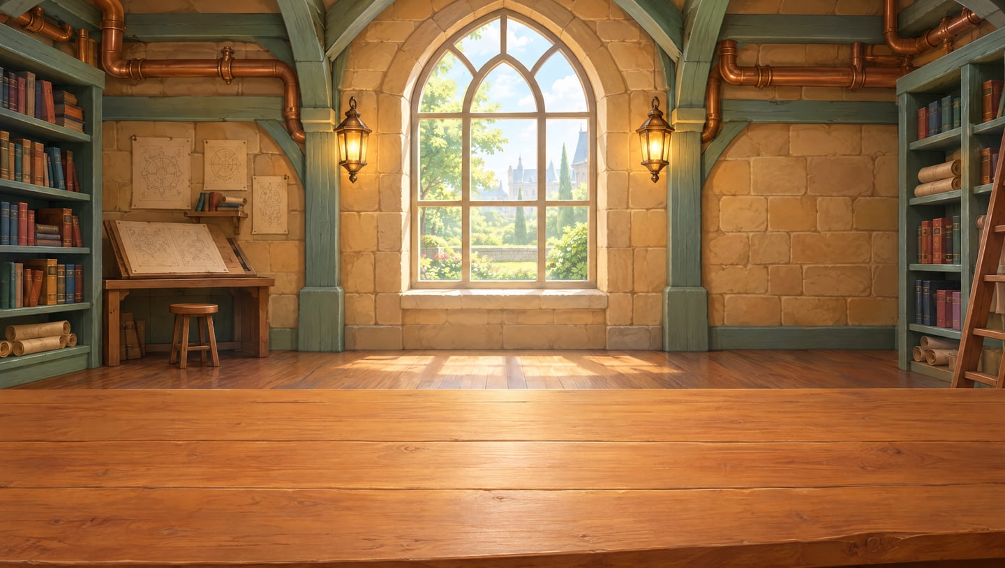 A warm inventor's workshop with a wooden repair bench and garden window