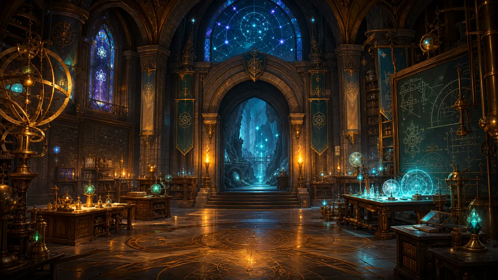 The Academy great hall, filled with glowing instruments and an open doorway