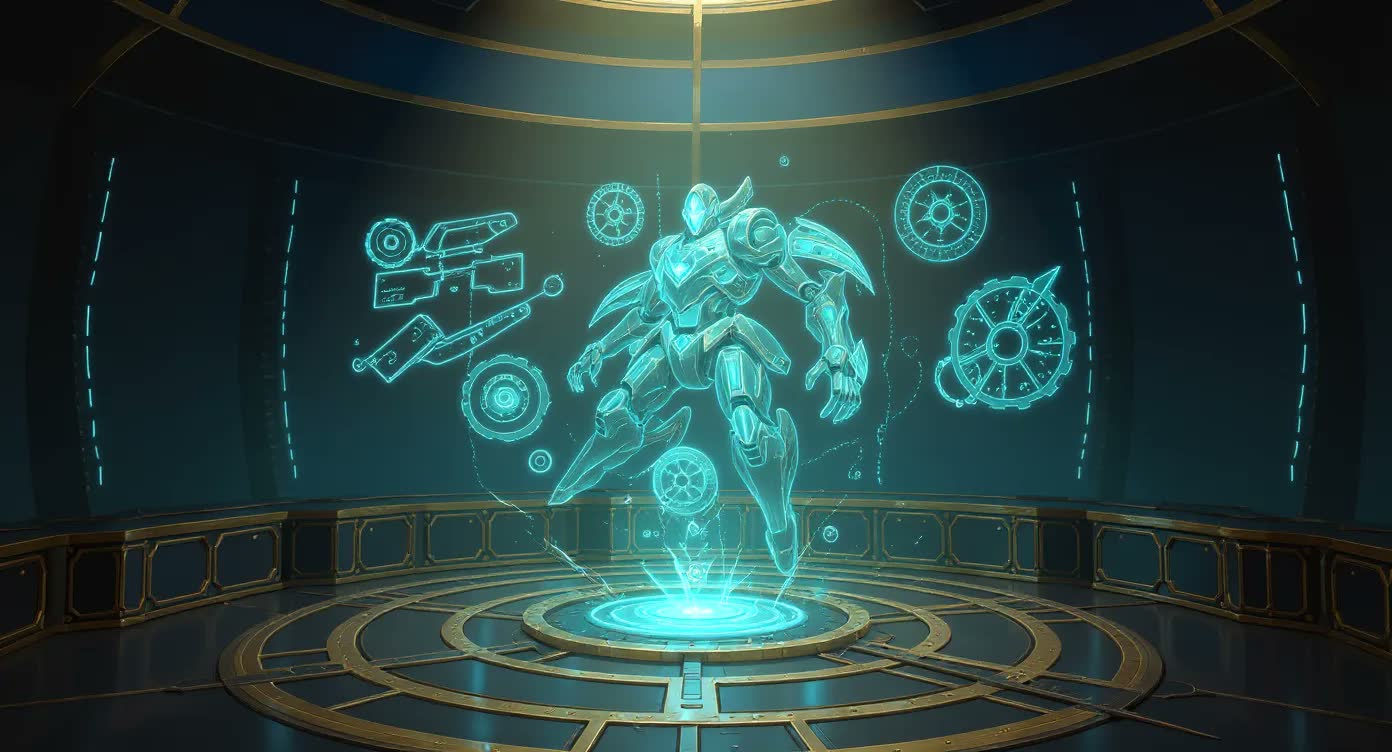A robotics arena with glowing gears and mechanical testing stations