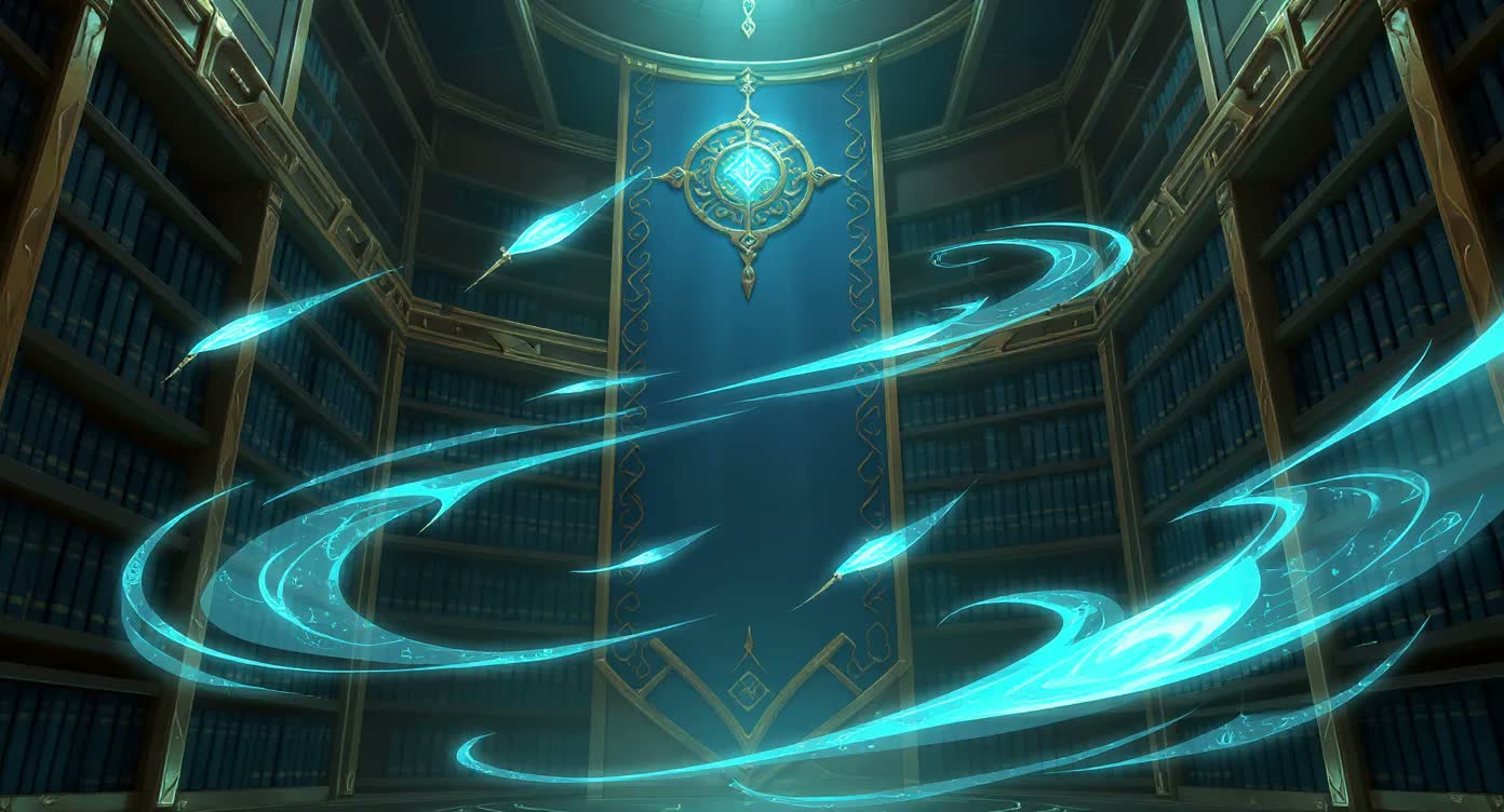 The Writing Tower library filled with luminous pages and streams of magical ink