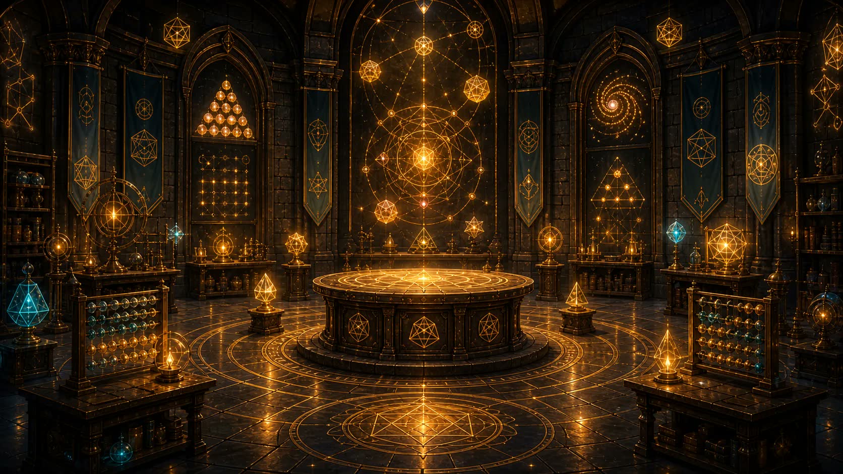 An illuminated mathematics chamber filled with geometric models and glowing patterns