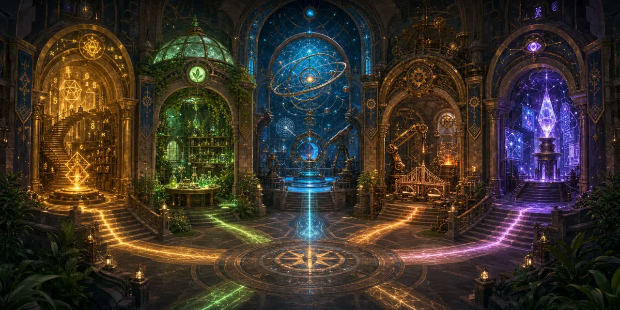 Four illuminated Academy wings devoted to mathematics, natural science, engineering, and the creative arts